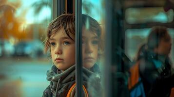 ai genererad tillbaka till skola, buss sluta stunder, fotografera barn väntar på de buss sluta, bakgrund bild, generativ ai foto