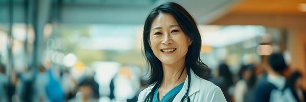 ai genererad en medelålders asiatisk kvinna läkare ler mot de bakgrund av en upptagen sjukhus atmosfär, generativ ai foto