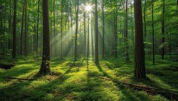 ai genererad morgon- i de grön skog med solstrålar och strålar av ljus foto