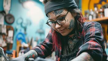 ai genererad tatuering konstnär på arbete i en studio foto