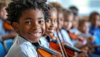 ai genererad leende afrikansk amerikan pojke spelar fiol i klassrum foto