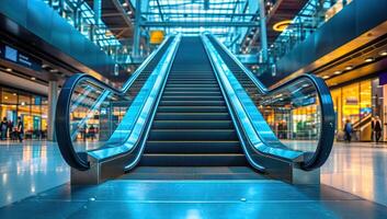 ai genererad uppåt rulltrappa i modern flygplats terminal foto