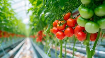 ai genererad mogen tomat växt växande i växthus. gott röd heirloom tomater. suddigt bakgrund och kopia Plats. generativ ai foto