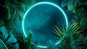 ai genererad modern trendig neon lysande ljus med neon grön handflatan tropisk löv på en mörk blå bakgrund. generativ ai foto