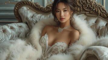 ai genererad glamour lyxig asiatisk kvinna liggande i päls och juveler foto