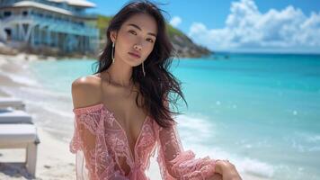 ai genererad lyx tillflykt asiatisk kvinna avkopplande på tropisk strand foto
