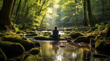 en ung man mediterar på en sten på topp av en flod i de skog foto