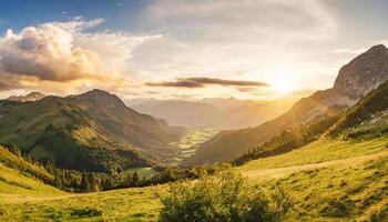 ai genererad naturskön panorama berg landskap på solnedgång foto