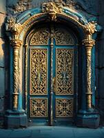 ai genererad mystisk medeltida trä- dörr ingång. gammal rustik gotik dörr. foto