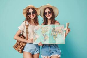 ai genererad två ung kvinnor ser på en Karta medan stående på en gata foto