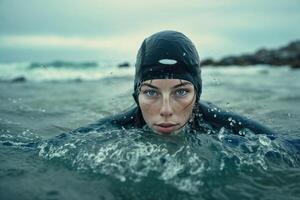 ai genererad en kvinna i en simma keps är simning i de vatten foto