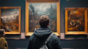 ai genererad en man ser på målningar i ett konst museum foto