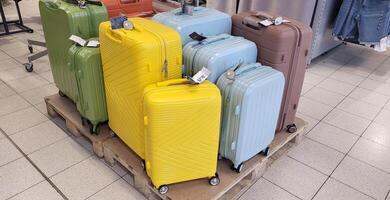 skön flerfärgad resa resväskor är på en lastpall i de Lagra. foto