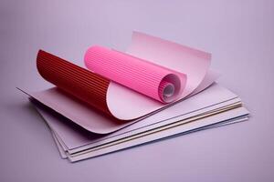en rulla av rosa korrugerad papper på flerfärgad löv av korrugerad papper foto