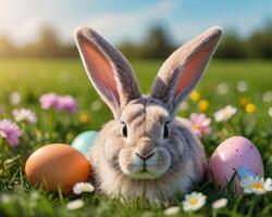 ai genererad Foto av påsk kanin öron med påsk ägg på äng med blommor bakgrund baner. ai genererad