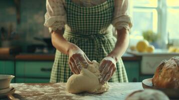 ai genererad kvinna i gingham förkläde är knådning deg. stuga rustik kök. hemlagad matlagning. hantverkare bröd. foto