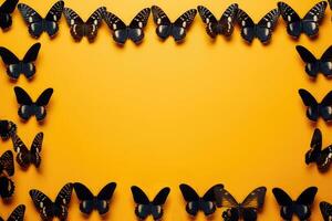 ai genererad svart fjärilar på orange sommar bakgrund med kopia Plats för text. foto