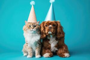 ai genererad söt förtjusande födelsedag röd hund i fest hatt med kattunge katt Sammanträde på blå bakgrund. foto