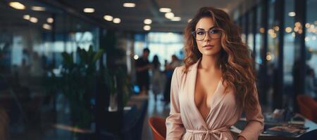 ai genererad eleganta ung professionell kvinna med trendig glasögon och färgrik scarf i modern kontor miljö foto