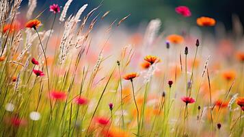 ai genererad trädgård gräs med blommor ai genererad foto