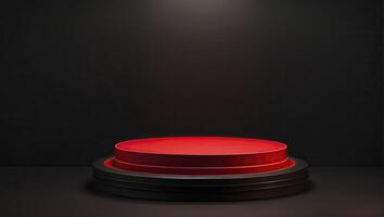 ai genererad Foto röd ljus runda podium och svart bakgrund för mock-up