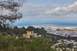 hisnande panorama- se av haifa från montera karmel, Inklusive hav hamn och bostads- områden foto