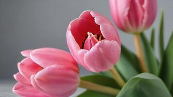 ai genererad Foto av rosa tulpan bukett på en enkel bakgrund skott med mjuk ljus. ai genererad