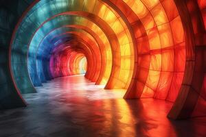 ai genererad strålnings spektrum av ljus filtrering genom färgad kolonner i en modern korridor foto