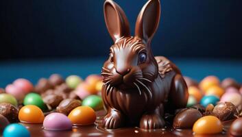 ai genererad Foto av ultradetaljerad 3d choklad påsk kanin simning i en slå samman av choklad och godis. ai genererad