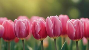 ai genererad Foto av vår skön tulpan blommor på suddig natur bakgrund baner kvinna dag Semester kort. ai genererad