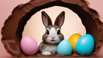 ai genererad Foto av påsk kanin kikar ut av en hål med choklad påsk ägg på pastell vägg baner. ai genererad