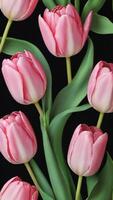 ai genererad Foto av ljuv klassisk rosa tulpan blomma med löv illustration sömlös mönster. ai genererad