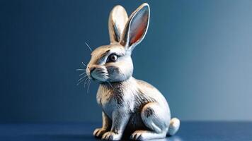 ai genererad Foto av en skinande silver- kanin kanin statyett Sammanträde på en blå yta med dess huvud vände sig bort från de kamera. ai genererad