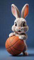 ai genererad Foto av en söt 3d kanin spelar basketboll på en fast Färg bakgrund . ai genererad