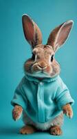 ai genererad Foto av kanin i en kanin kostym turkos bakgrund med Plats. ai genererad