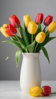 ai genererad Foto av uppsättning av färgrik tulpaner blommor vit tulpaner i en vit vas bukett av gul tulpaner två röd tulpaner i en keramisk vas isolerat på en vit bakgrund. ai genererad
