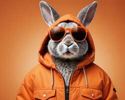 ai genererad Foto av illustration av eleganta kanin i trendig solglasögon och jacka med huva mot orange bakgrund. ai genererad
