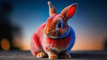 ai genererad Foto av en röd och blå kanin. ai genererad