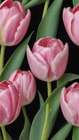 ai genererad Foto av ljuv klassisk rosa tulpan blomma med löv illustration sömlös mönster. ai genererad