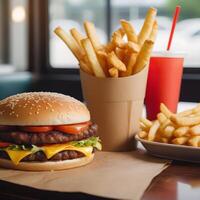 snabb mat hamburgare, frites och dryck foto