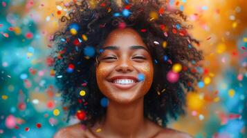 ai genererad porträtt av en skön ung afrikansk amerikan kvinna med afro frisyr och konfetti foto