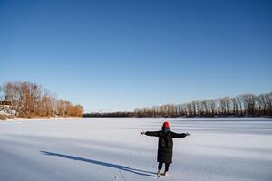 en Lycklig ung flicka promenader på en snötäckt sjö. panorama- se av de frysta sjö. promenad i vinter. ljus Sol, lång skuggor. foto