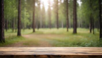 ai genererad skön suddig boreal skog bakgrund se med tömma rustik trä- tabell för attrapp produkt visa. picknick tabell med anpassningsbar Plats på bordsskiva för redigering. felfri foto