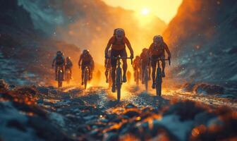 ai genererad en grupp av berg cyklister är ridning ner. en grupp av individer ridning cyklar genom en oländig berg landskap. foto