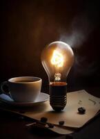 ai genererad kopp av kaffe och brinnande ljus Glödlampa på tabell foto