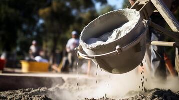 ai genererad en närbild av en cement mixer häller betong in i en fundament foto