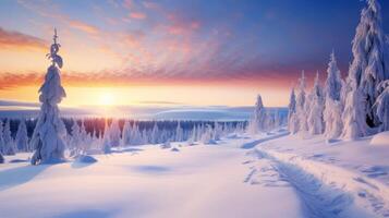 ai genererad de bländande skönhet av en snö täckt landskap foto