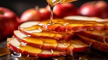ai genererad en närbild av honung varelse duggregnat på äpple skivor foto