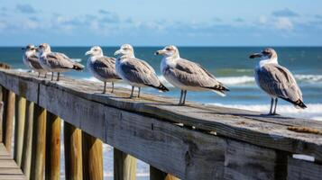 ai genererad seagulls uppflugen på en riden trä- pir förbi de hav foto