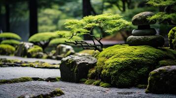 ai genererad en zen trädgård med försiktigt placerad stenar och mossa foto